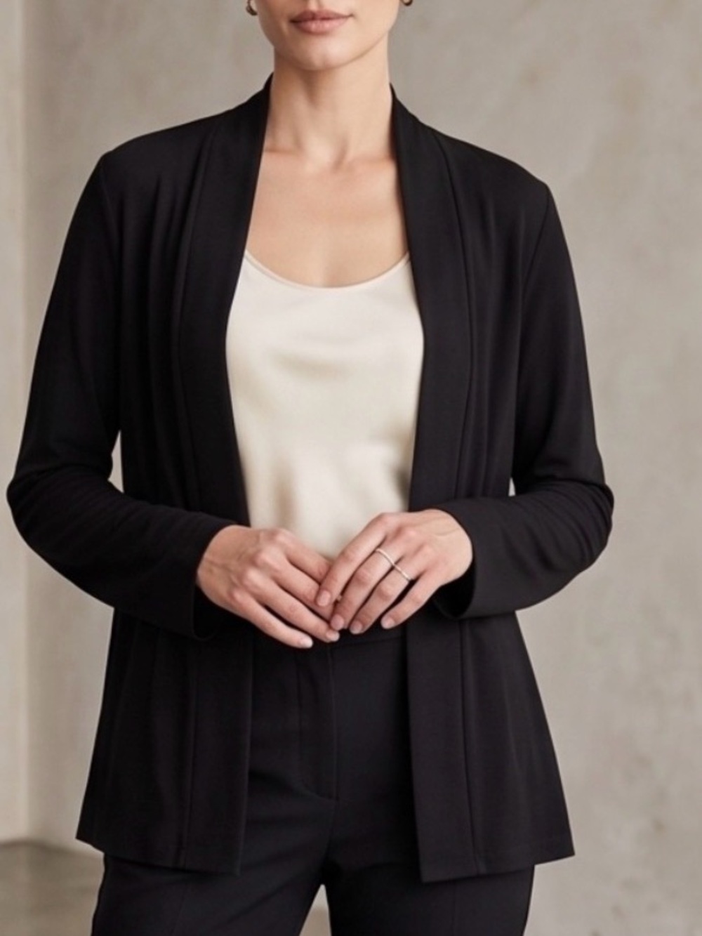 Eileen Fisher - 100% Silk Classic Chic Black Open-Front Draped Cardigan
